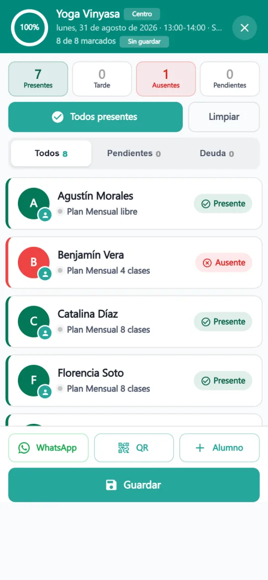 Lista de asistencia de una clase de yoga con 7 presentes y 1 ausente